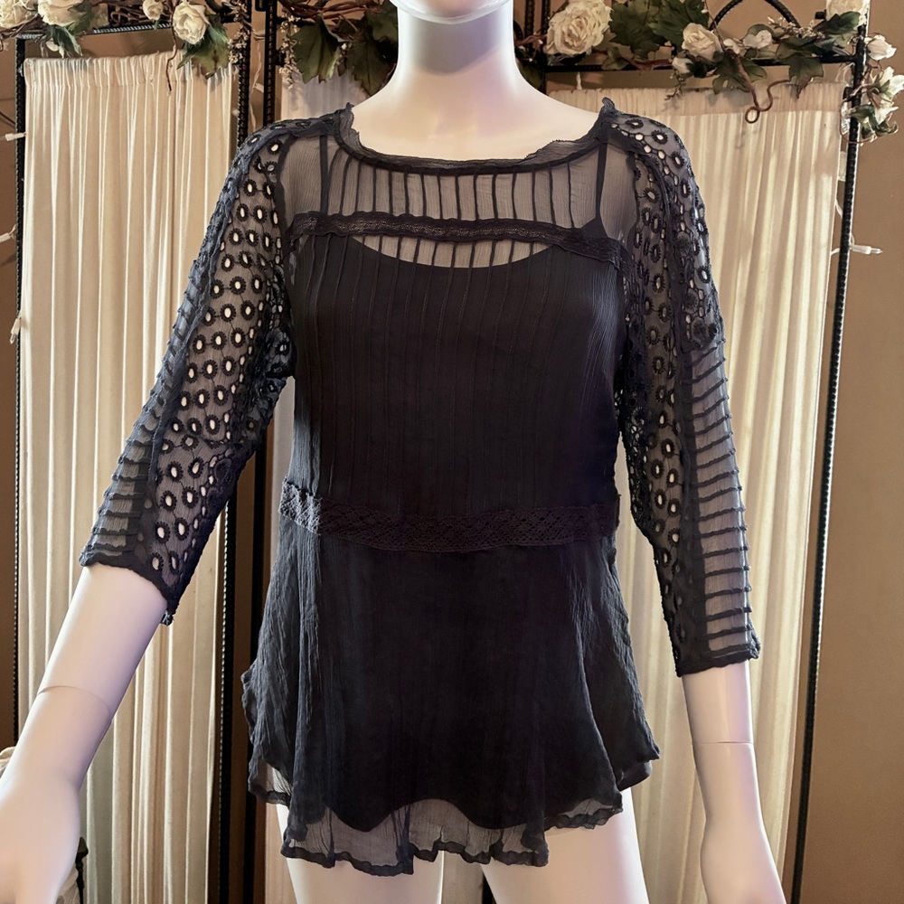 Sundance M Sheer Lace Paneled Navy Blouse